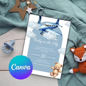 Oh Boy! Baby in the Sky Invitation, Blue Gender Reveal,Teddy Bear Theme, Editable Invitation, Teddy Bear Design, Hot Air Balloon Baby Shower