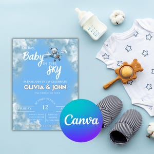 Baby in the sky Invite, Blue Cloud Baby Invite, Boy Baby Shower, Cloud Theme Shower, Cloudy Sky Baby Invite, Instant Download Invite