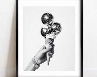 Disco Ice Cream Art Print, Wall Art, Disco Ball Ice Cream Cone, Glam Aesthetic, Modern Black White, Trendy Art, Digital, PRINTABLE Art