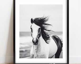 Horse on Beach Art Print, Wall Art, Modern Black and White, Trendy Art Print, Horse Poster, Ocean, Digital Download, PRINTABLE Art