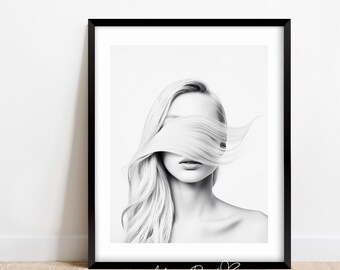 Fashion Art Print, Wall Art, Hair, Beauty, Chic Aesthetic, Modern Black and White, Trendy Art Print, Poster, Digital Download, PRINTABLE Art