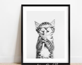Bathroom Decor, Cat with Toothbrush Wall Art Print, Modern Black and White, Trendy Art Print, Cat Poster, Digital Download, PRINTABLE Art
