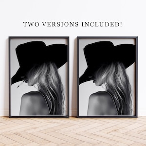 May include: Two black and white photographs of a woman wearing a wide-brimmed hat. The woman is looking to the side and has long hair. The photographs are framed in black.