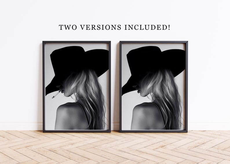 May include: Two black and white photographs of a woman wearing a wide-brimmed hat. The woman is looking to the side and has long hair. The photographs are framed in black.