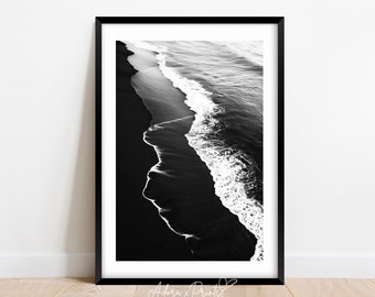 Black Sand Beach Art Print, Wall Art, Modern Black and White, Trendy Art Print, Ocean Waves, Sandy Beach, Digital Download, PRINTABLE Art