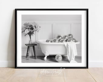 Bathtub of Disco Balls Art Print, Wall Art, Bathroom Decor, Glam Aesthetic, Modern Black and White, Trendy Art Print, Digital, PRINTABLE Art
