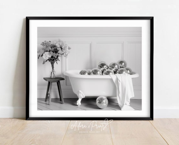 Bathtub of Disco Balls Art Print, Wall Art, Bathroom Decor, Glam Aesthetic, Modern Black and White, Trendy Art Print, Digital, PRINTABLE Art