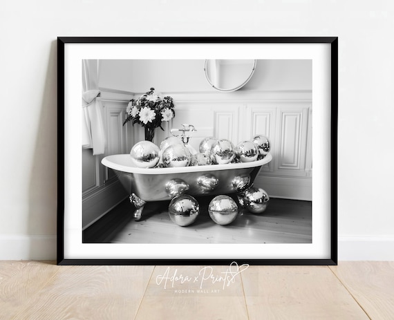Bathtub of Disco Balls Art Print, Wall Art, Bathroom Decor, Glam Aesthetic, Modern Black and White, Trendy Art Print, Digital, PRINTABLE Art