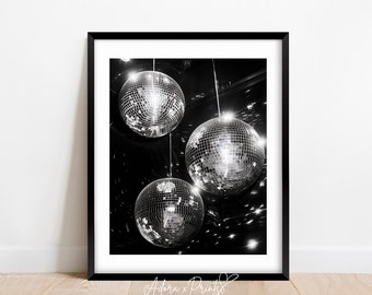 Disco Balls Art Print, Wall Art, Glam Aesthetic, Modern Black and White, Trendy Art Print, Retro Poster, Digital Download, PRINTABLE Art