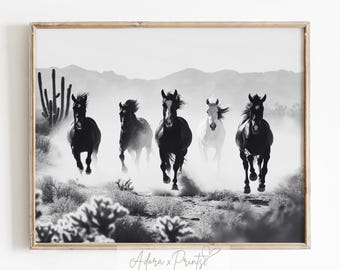 Herd of Horses Art Print, Wall Art, Modern Black and White, Trendy Art Print, Desert Horses Poster, Digital Download, PRINTABLE Art