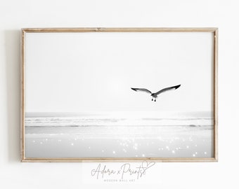 Beach Print, Wall Art, Modern Black and White Art, Trendy Art Print, Seagull, Ocean Waves, Sandy Beach, Digital Download, PRINTABLE Art