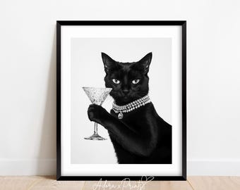 Glam Black Cat Art Print, Wall Art, Modern Black and White, Trendy Art Print, Fashion Cat Poster, Digital Download, PRINTABLE Art