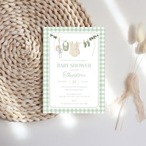 Editable Green Gingham Baby Shower Invitation Template on Canva, Woodland Clothesline Baby Shower Invite for Boys, Printable Shower Card