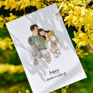 Anniversary Romantic Couple Card Printable – Hand-Drawn Illustration 5x7 Digital Happy Anniversary Card Download & Print