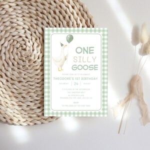 Editable One Silly Goose Birthday Invitation Template, Goose 1st Birthday, Goose Invitation, 1st Birthday Green Invite