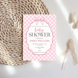 Editable Baby Shower Invitation Template for Girls on Canva, Pink Gingham Printable Invite with Bow, Digital Baby Girl Shower Card Design