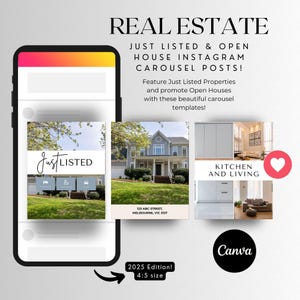 Puede incluir: Un teléfono inteligente muestra una plantilla de publicación de carrusel de Instagram de bienes raíces. La plantilla incluye imágenes de casas, el texto "Just Listed" y el logotipo de Canva. El texto también dice "Real Estate" y "Open House Instagram Carousel Posts!"