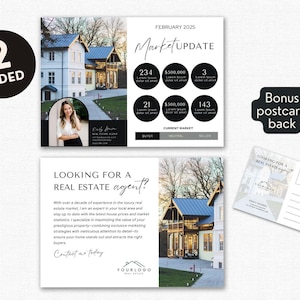 May include: A black and white real estate postcard with a photo of a house on the front. The back of the postcard has a space for a message and the text "Looking for a real estate agent?"  The postcard also includes the text "February 2025 Market Update" and a table with real estate market statistics.