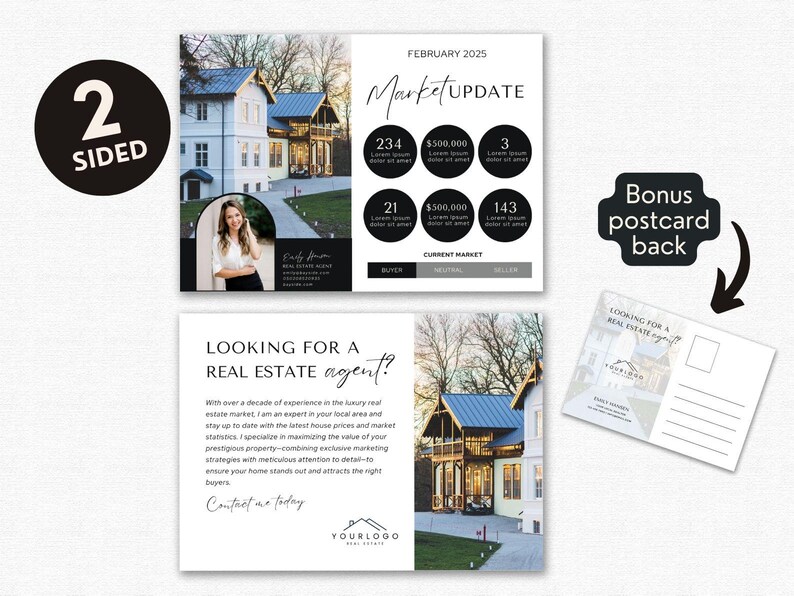 May include: A black and white real estate postcard with a photo of a house on the front. The back of the postcard has a space for a message and the text "Looking for a real estate agent?"  The postcard also includes the text "February 2025 Market Update" and a table with real estate market statistics.