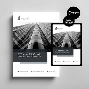 Puede incluir: Imagen en blanco y negro de un rascacielos moderno con el texto "REAL ESTATE" y "COMMERCIAL REAL ESTATE SERVICES" sobre un fondo blanco. La imagen está diseñada para un folleto o sitio web de una empresa inmobiliaria.