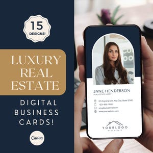 Tarjetas de presentación digitales de lujo para agentes inmobiliarios que se pueden enviar por mensaje de texto / Tarjetas de presentación digitales de Navy Real Estate / Enviar por mensaje de texto / Tarjetas con mensaje de texto / Envío instantáneo
