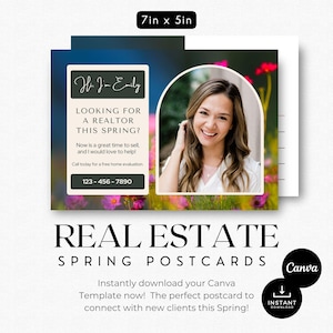 Briefkaart onroerend goed in de lente | Listingpresentatie | Marketing voor makelaars | Briefkaart met QR-code | Vastgoedlandbouw | Roze bloemen | Briefkaart