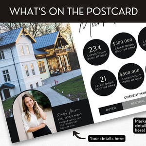 May include: A black and white postcard with a photo of a house and a real estate agent's contact information. The postcard also includes market data, such as the number of homes sold, the average sale price, and the current market conditions.