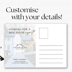 May include: A customizable postcard template with a photo of a house and the text "Looking for a real estate agent?"  The postcard has a space for a logo and contact information.