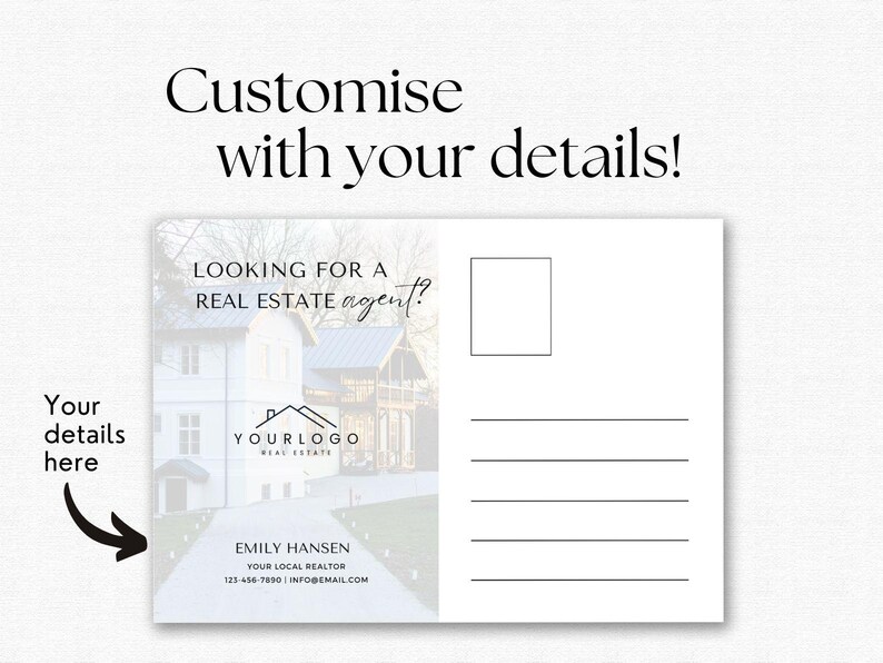 May include: A customizable postcard template with a photo of a house and the text "Looking for a real estate agent?"  The postcard has a space for a logo and contact information.