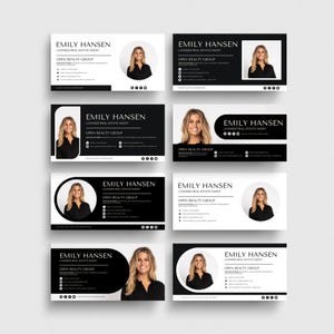 Könnte beinhalten: Vier schwarz-weiße Visitenkarten mit einem Porträt einer Frau in einem Kreis. Der Text auf den Karten lautet "Emily Hansen, Immobilienmaklerin, Open Realty Group".