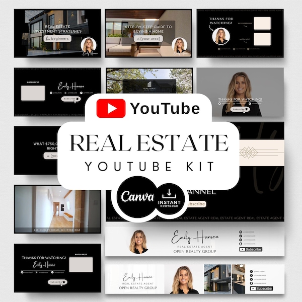 Plantilla de banner de YouTube para agentes inmobiliarios: Kit de marca inmobiliaria (descarga digital editable en Canva)