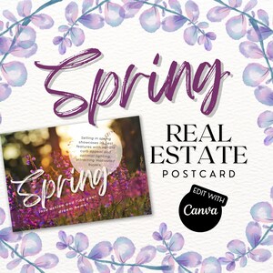 Briefkaart onroerend goed lente | Listingpresentatie | Marketing voor makelaars | Briefkaart met QR-code | Vastgoedlandbouw | Paars ontwerp | Briefkaart