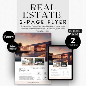 May include: A two-page real estate flyer template in US Letter and A4 sizes. The flyer features a modern house with a pool and a sunset sky. The text on the flyer includes "Features", "1234 Smith Street, Melbourne, 3127", "1 Car Accom", "2 Bedrooms", "2 Bathrooms", and "yourwebsite.com".