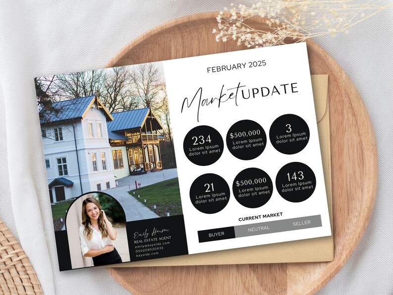 May include: A white and black real estate market update flyer with a photo of a house and a woman. The flyer includes the text "February 2025 Market Update" and lists the number of homes sold, the average sale price, and the current market conditions.