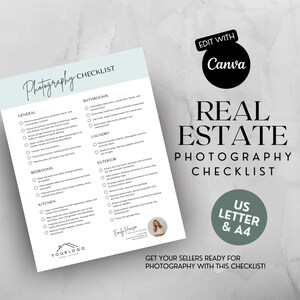 Könnte beinhalten: Eine türkisfarbene und weiße Checkliste für Immobilienfotografie. Die Checkliste umfasst die Bereiche Allgemein, Badezimmer, Wäsche, Schlafzimmer, Küche und Außenbereich. Die Checkliste trägt den Titel "Checkliste für Immobilienfotografie" und enthält am unteren Rand den Text "Machen Sie Ihre Verkäufer bereit für die Fotografie mit dieser Checkliste!"