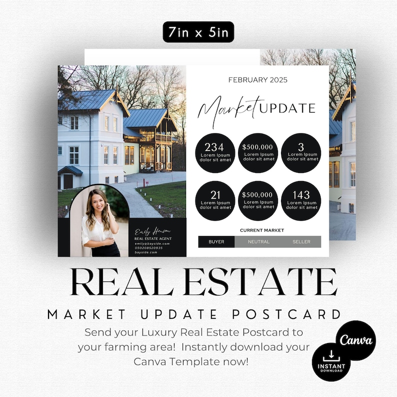 May include: A black and white real estate market update postcard with a photo of a house and a real estate agent. The postcard includes the text "February 2025 Market Update" and a table with data about the current market. The postcard also includes the text "Real Estate Market Update Postcard" and "Send your Luxury Real Estate Postcard to your farming area! Instantly download your Canva Template now!"