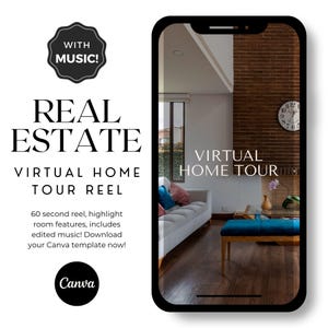 Puede incluir: La pantalla de un teléfono inteligente muestra una bobina de recorrido virtual de una casa para bienes raíces. La bobina incluye un video de 60 segundos que destaca las características de las habitaciones e incluye música editada. El texto "VIRTUAL HOME TOUR" se muestra en la pantalla. El teléfono está sobre una superficie de madera.