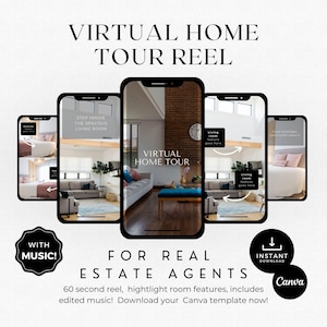 May include: A Canva template for real estate agents to create virtual home tour reels. The template features a 60-second reel with highlighted room features and edited music. The template is available for instant download.