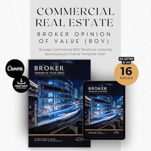 Op de afbeelding: Een 16-pagina's tellende brochure voor een commercieel makelaarsrapport (BOV) in de formaten US Letter en A4. De omslag toont een skyline van een stad 's nachts met een spoorweg op de voorgrond. De tekst "BROKER OPINION OF VALUE (BOV)" wordt weergegeven in wit op een zwarte achtergrond.