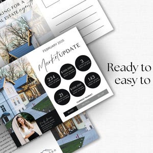 May include: A black and white postcard with a photo of a house and a real estate agent. The postcard has the text "February 2025 Market Update" and includes a chart with numbers and dollar amounts.