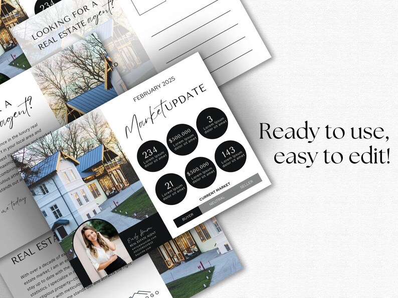 May include: A black and white postcard with a photo of a house and a real estate agent. The postcard has the text "February 2025 Market Update" and includes a chart with numbers and dollar amounts.