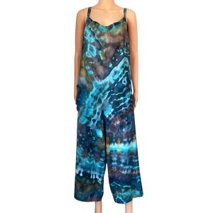 tie dye jumpsuit - ice dye - blues, purples and bronze - size small to medium