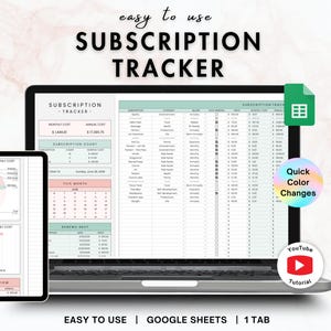 Kalkylblad för prenumerationsspårning | spårning av återkommande prenumerationsräkningar, spårning av digitala utgifter, budgetmall för Google Sheets