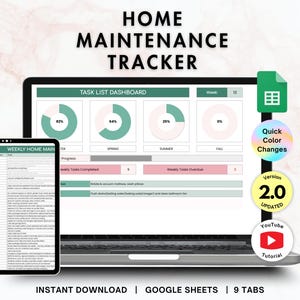 Könnte beinhalten: Ein digitaler Haushaltswartungs-Tracker, der auf einem Laptop und Tablet angezeigt wird. Der Bildschirm zeigt ein Task-List-Dashboard mit Fortschrittsdiagrammen und einen wöchentlichen Haushaltswartungsplan. Das Bild enthält Text, der "Home Maintenance Tracker" sagt.