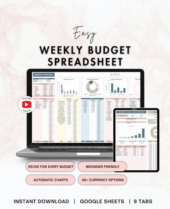 Weekly Budget Planner | weekly budget spreadsheet with spending tracker, bill calendar, debt payoff tracker, a personal finance tool
