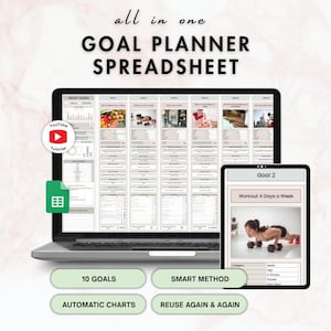 May include: A laptop and tablet displaying a goal planner spreadsheet. The laptop screen shows multiple tabs with data and images. The tablet shows a workout plan. Text includes "Goal Planner Spreadsheet", "10 Goals", and "Instant Download".