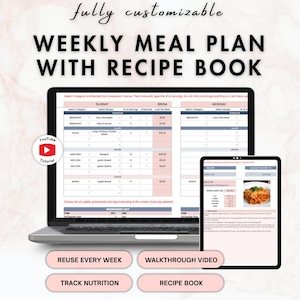 May include: A laptop and tablet display a digital weekly meal plan with a recipe book. The screen shows a customizable meal planner with options for Sunday and Monday. Additional features include nutrition tracking and a walkthrough video.