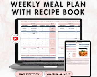 Digital Recipe Book Google Sheets | recipe cards & weekly meal plan spreadsheet with grocery list, budget, macro counter, meal plan system