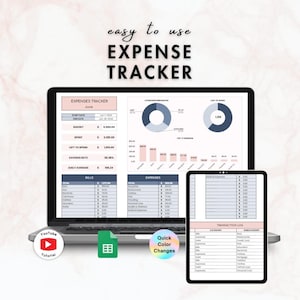 May include: A laptop and tablet displaying an expense tracker spreadsheet. The laptop screen shows expense categories and charts. The tablet displays a transaction log. The image includes the text "easy to use EXPENSE TRACKER".