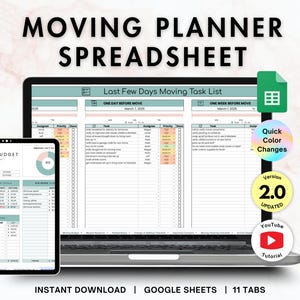 Moving Planner Spreadsheet | moving checklist, packing, schedule, calendar, moving budget, moving house planner for Google Sheets